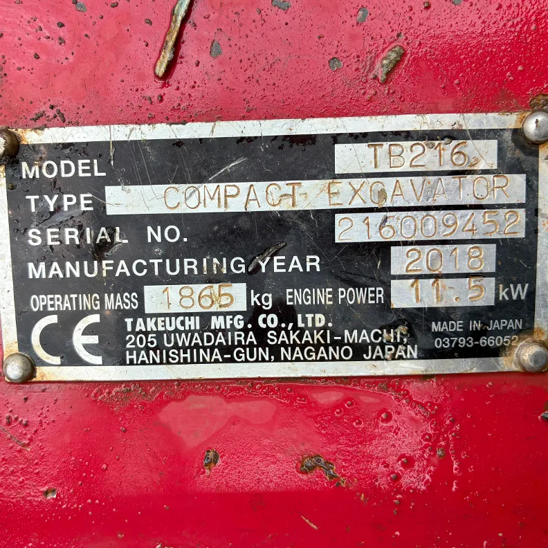 1.5T Excavator Takeuchi TB216 2018
